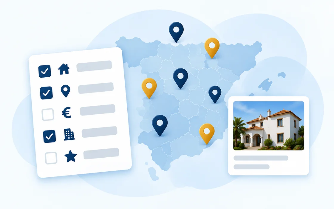 Illustration: Merkmalsliste neben einer Karte Spaniens mit Versteigerungen