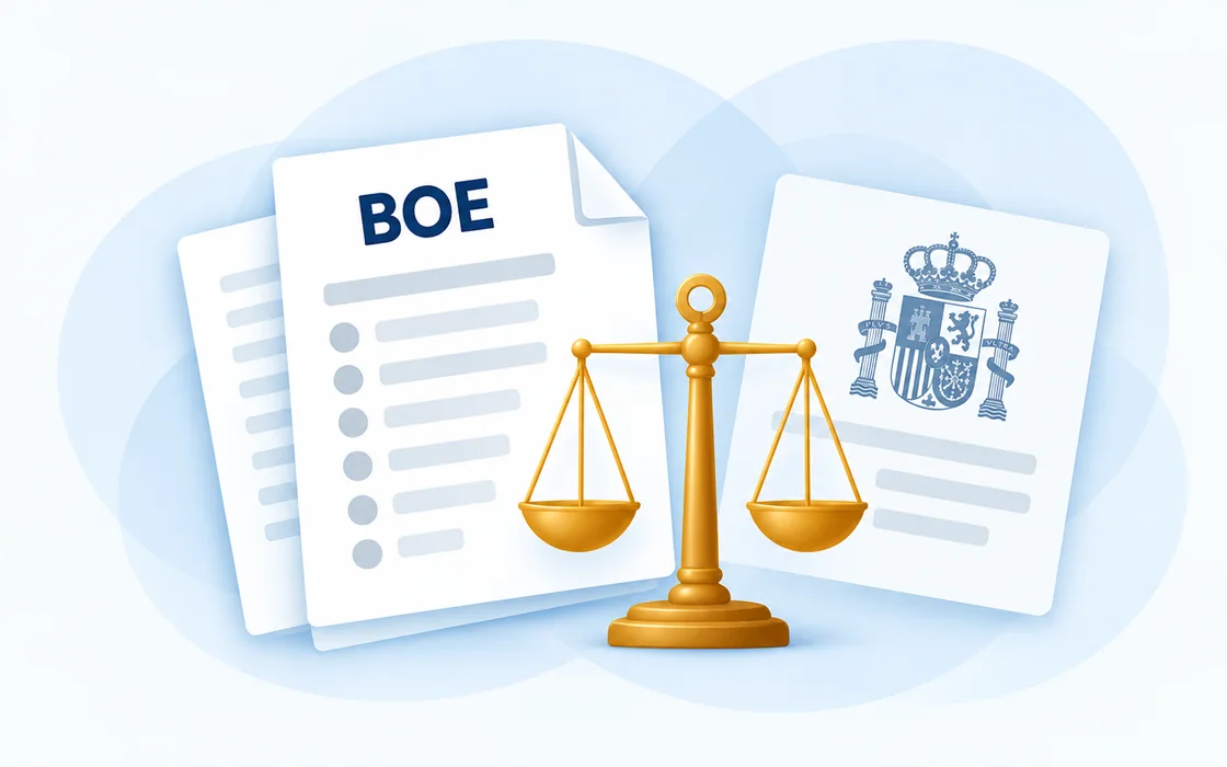 Illustration: BOE-Veröffentlichung und spanisches Amtsdokument neben einer Waage